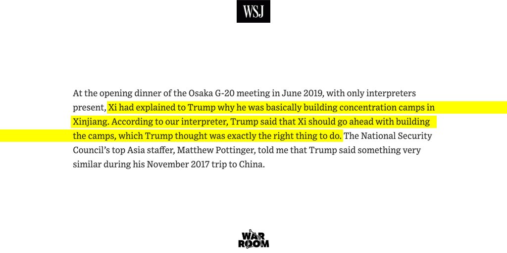 John Bolton's book confirms what we already know — Trump's in office for himself, he's caved to China, and he'd rather appeal to foreign authoritarians than the American people.Exhibit A: He told Xi that throwing Uyghurs in concentration camps was “the right thing to do.”
