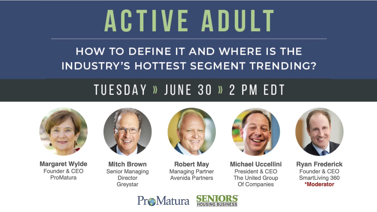 ProMatura's tweet image. #ActiveAdult is one of the most buzzed-about segments in #SeniorsHousing. So we’re sponsoring a free webinar about it! ➡️ Register here: register.gotowebinar.com/register/88819… See you there, @GreystarApts, @UnitedGroupCos, and @SmartLiving360!