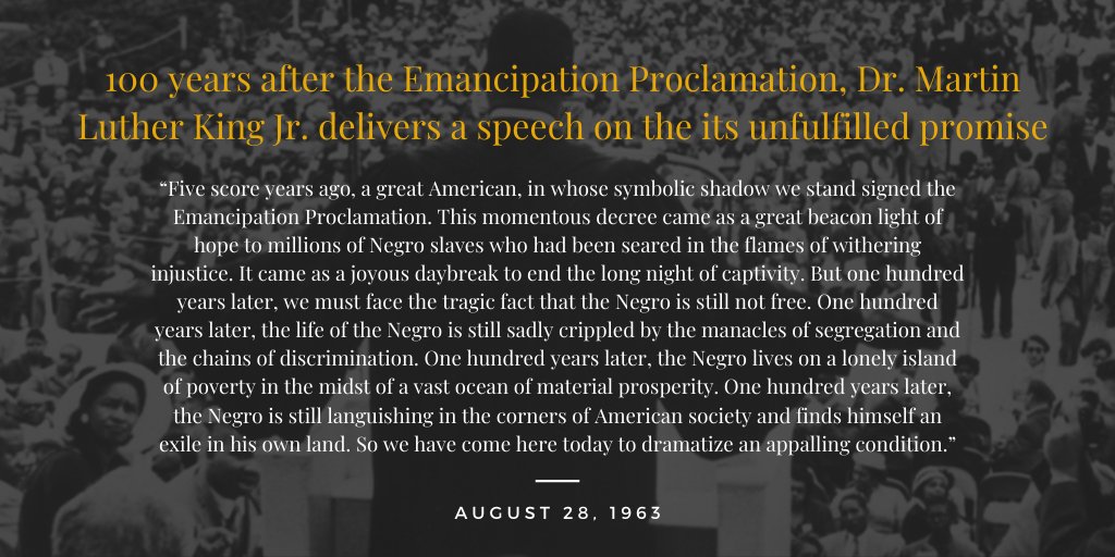A century after Lincoln issued the  #EmancipationProclamation, Dr. Martin Luther King Jr. gave what would become one of the most iconic speeches in American history on the proclamation’s unfulfilled promise: “We must face the tragic fact that the Negro is still not free.” (10/23)