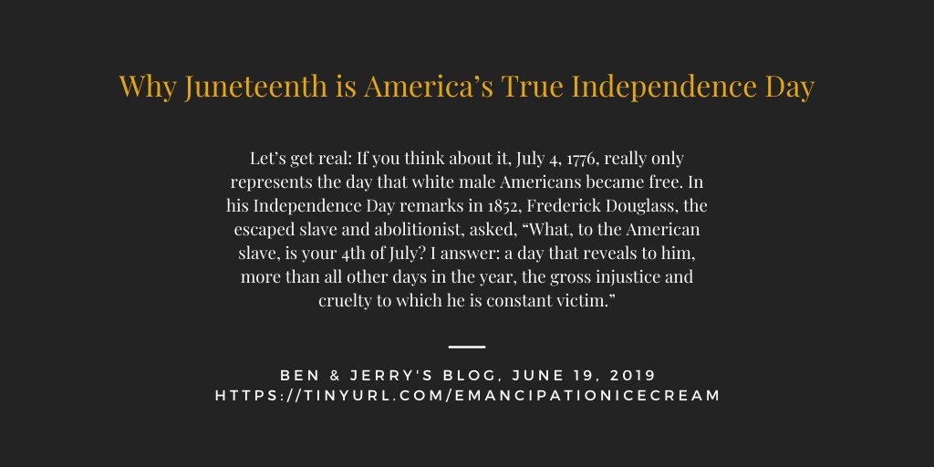 To celebrate  #Juneteenth   is to celebrate the promise of freedom won but still not fully achieved. Don’t take our word on it, take it from  @benandjerrys. (12/23)  https://tinyurl.com/emancipationicecream