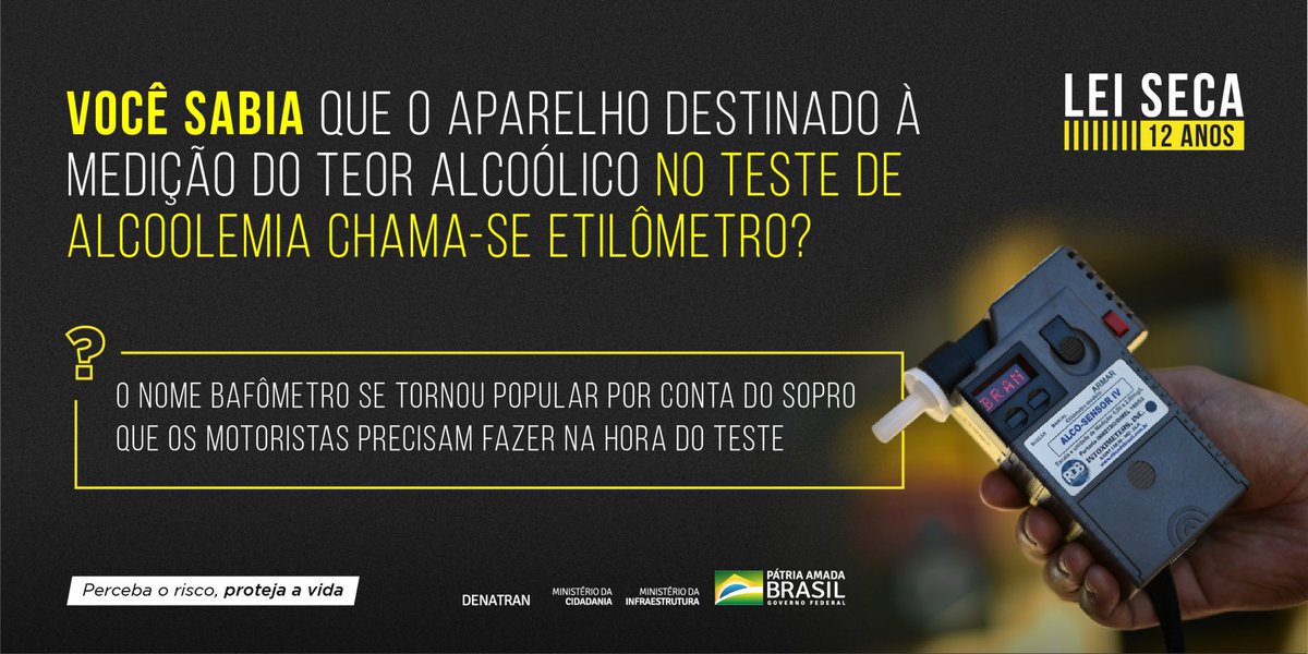 Senatran's tweet photo. Um equipamento que se tornou bastante conhecido dos brasileiros após a implantação da #LeiSeca foi o bafômetro.⚠🚦 Mas você sabia que esse não é o nome oficial do aparelho?🤔 Confira abaixo por que o medidor de teor alcoólico ganhou esse nome.🍺🚫🚗 https://t.co/fw3BJZUXTP