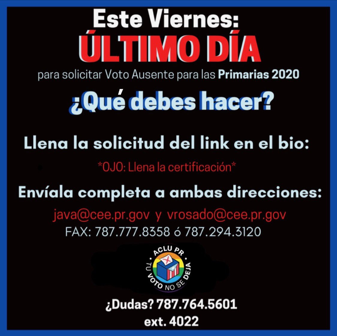 🚨Faltan solo 2 días 🚨 

🗳 Si quieres solicitar el voto ausente para las primarias, lo debes hacer para este viernes. 

🗳 Este es el link para el formulario que debes llenar: 👇👇

ww2.ceepur.org/es-pr/Educacio…

👇👇Y, aquí los pasos que debes seguir 👇👇

Decide. Actívate. Edúcate.