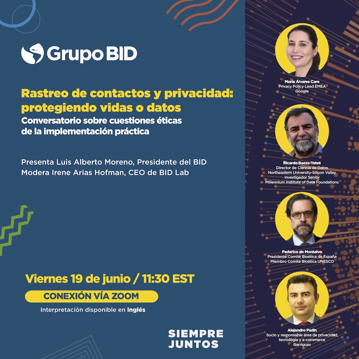 La pandemia #COVID19 ha demostrado el poder de las #solucionesdigitales 📱para afrontar la emergencia sanitaria. En este contexto, ¿Qué debemos proteger?¿Vidas o #datos? Únete este viernes 11:30 EST a la discusión con este grupo de expertos internacionales events.iadb.org/calendar/event…