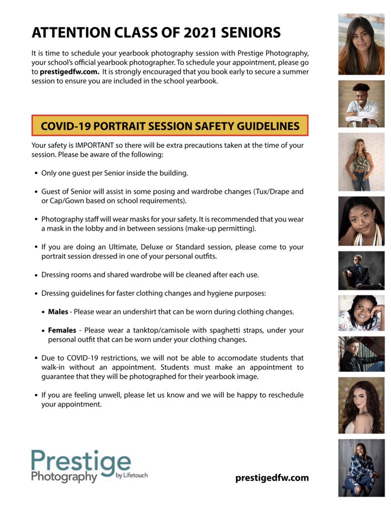 Rider Class of 2021, here’s new information about getting your senior pictures taken with Lifetouch. You can make your appointment now and they’ll start taking portraits on July 8. Website is prestigedfw.com