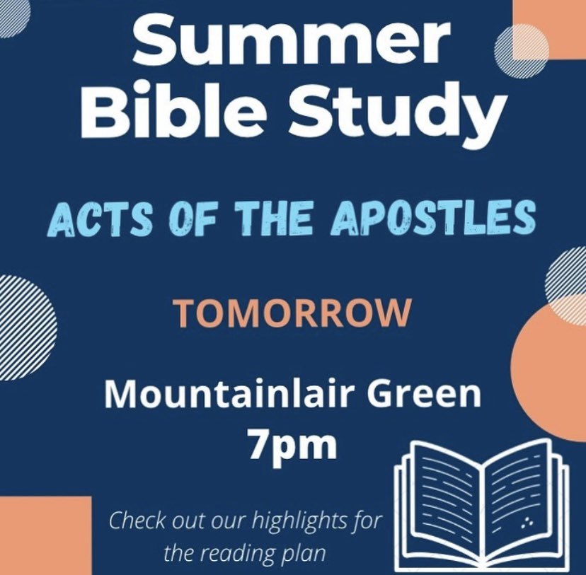 Our Summer Bible Study will be held in  PERSON tomorrow! See you tomorrow at 7 p.m. on the Mountainlair Green!