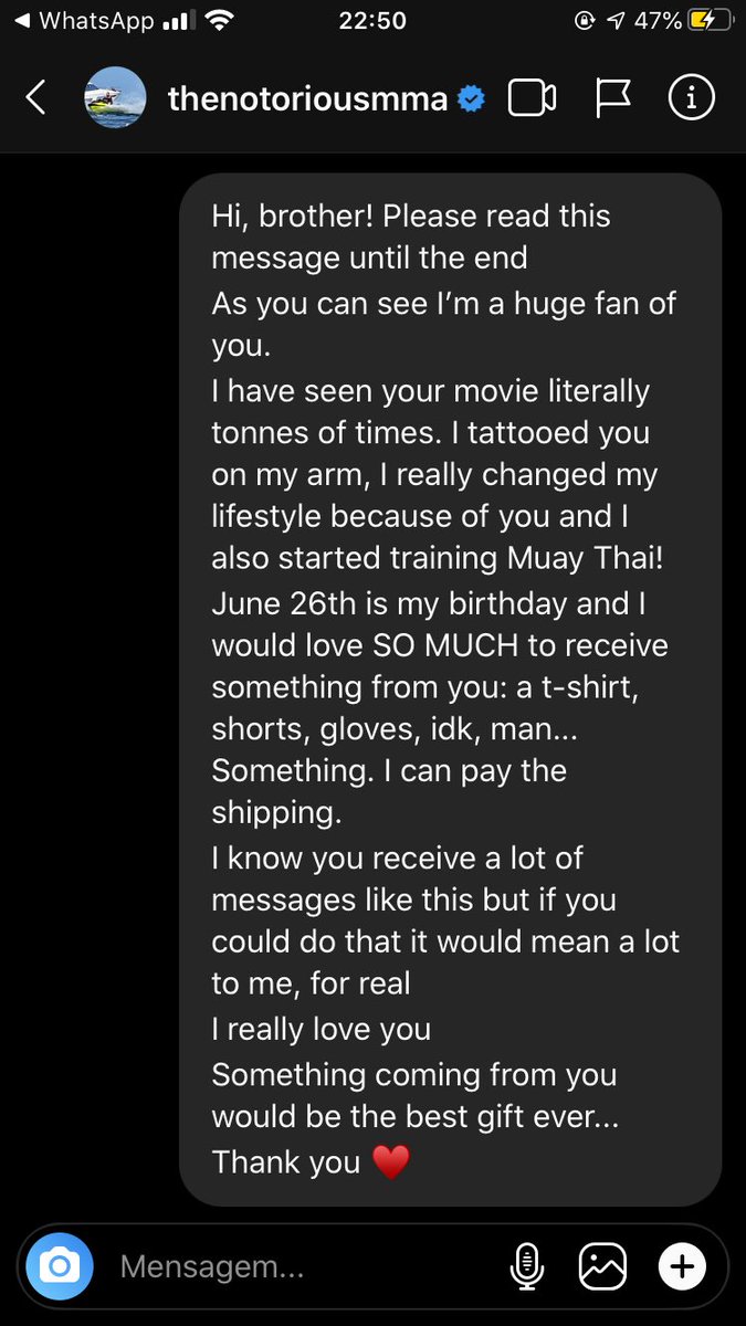 Pessoal, é com toda a força do mundo que vos peço que me ajudem a fazer com que esta mensagem chegue ao <a href="/TheNotoriousMMA/">Conor McGregor</a> através dos vossos favs e rtt’s‼️

Guys, I ask you to help me make this message reach <a href="/TheNotoriousMMA/">Conor McGregor</a> through your favs and rtt’s‼️