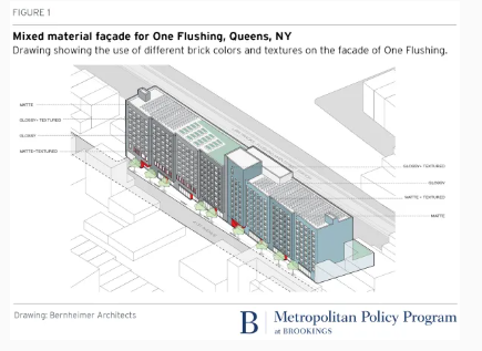 Visually appealing, environmentally friendly apartments need a good facade. Not plain brick & concrete boxes, obv. Variation in materials, color, & texture add interest, and don't have to cost a fortune. For instance: