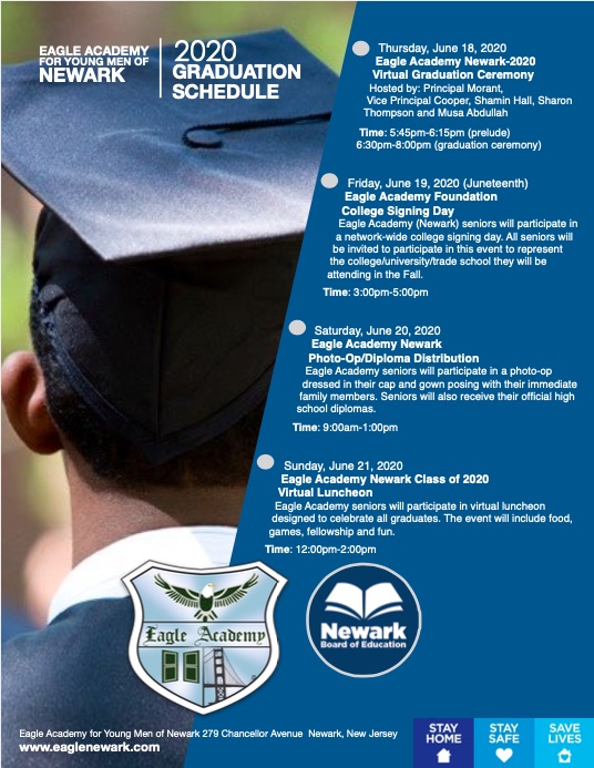 EagleAcademyNew's tweet photo. Greetings Eagle Community,

Please join us on Facebook Live, Thursday, June 18, 2020 (6:30pm) as WE CELEBRATE THE GRADUATING CLASS of 2020!

Log on to the Eagle Academy Newark Facebook page to participate and celebrate in our Virtual Graduation Ceremony. 

Principal Morant https://t.co/W3Y4BQ0AYs