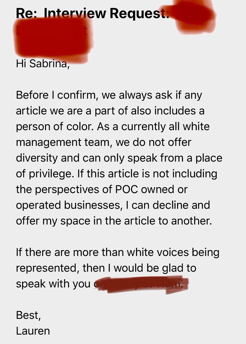 For the first time in three years of writing, I’ve gotten this response to an interview request. I’m taken aback and really pleased. 

White restaurant owners and operators, this is a great way to take a stand and ensure that food media becomes more inclusive.