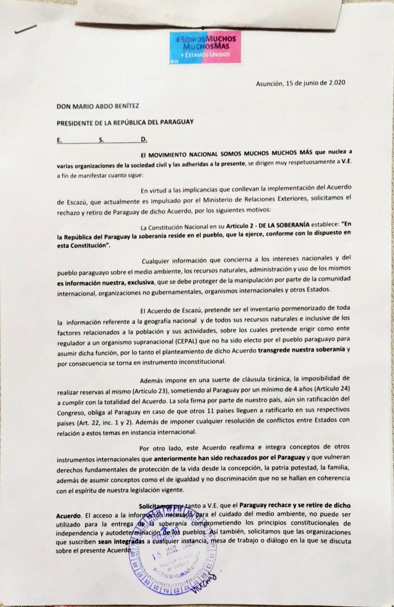 SomosMMMas's tweet photo. Nota sobre el Acuerdo de Escazú dirigida a la Presidencia con copia a la Presidencia del Senado y al Ministerio de Relaciones Exteriores.

#SomosMuchosMuchosMas y Estamos Unidos!!! https://t.co/hkbMhrl4vc