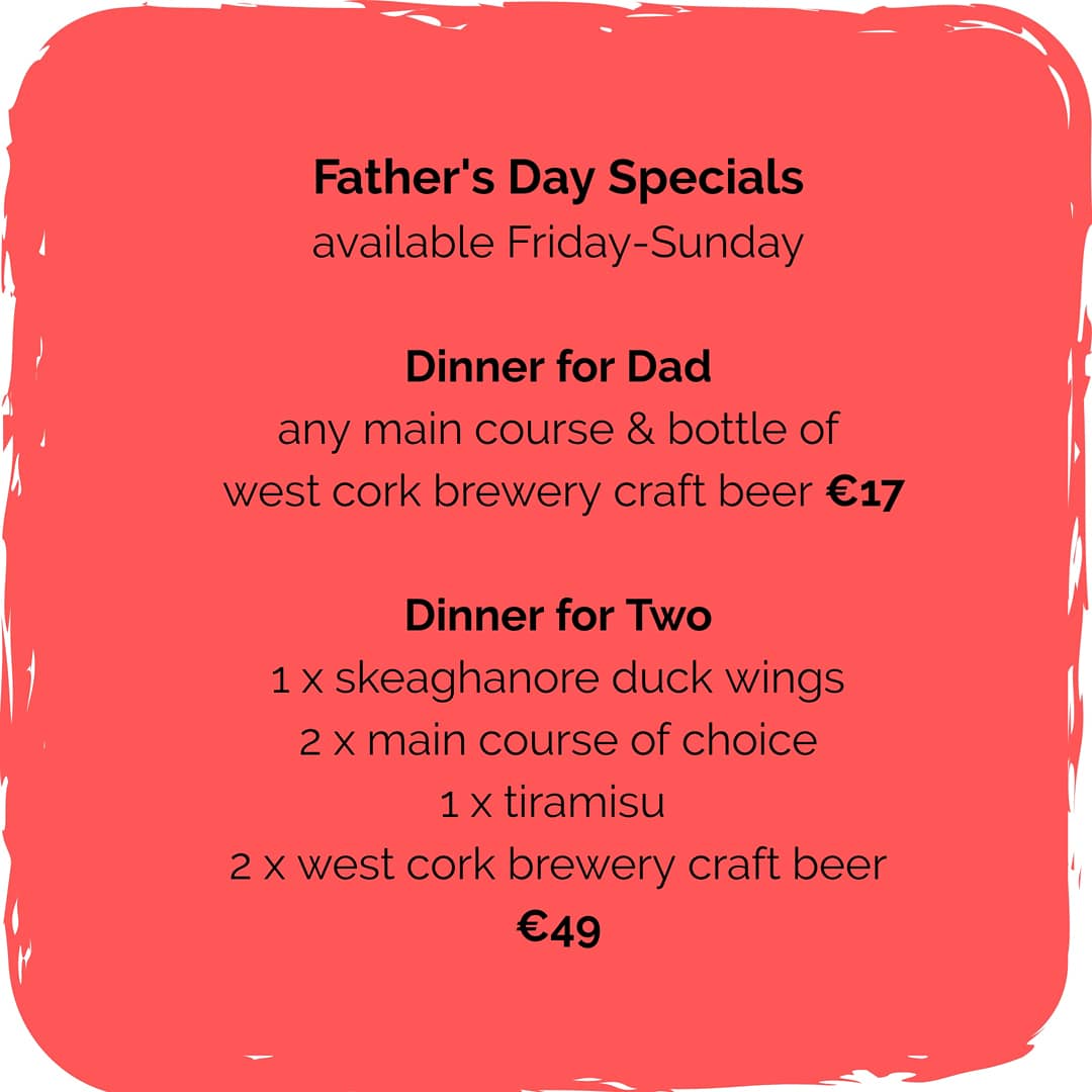 It's all about Dad this weekend 🙌

Treat him to a takeaway & a craft beer from @westcorkbrewco 🍻

Enjoy @SkeaghanoreDuck wings, @TwomeyButchers @WestCorkWagyu burger or our now infamous Fish & Chips 😍

#FathersDay #supportlocal #localproducers #WestCork