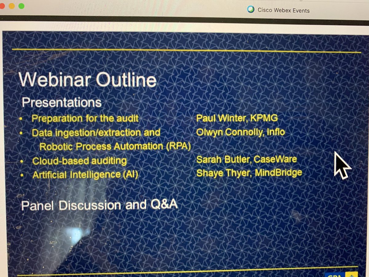AmandasAudit's tweet image. Lunch time learning - a @cpaaustralia webinar facilitated by @pracconnect - great to see 3 awesome women in the sector on the panel - @OlwynODowd, @SB_CaseWare @shaye_thyer - and Paul Winter from @kpmgaustralia #audit #audittechnology