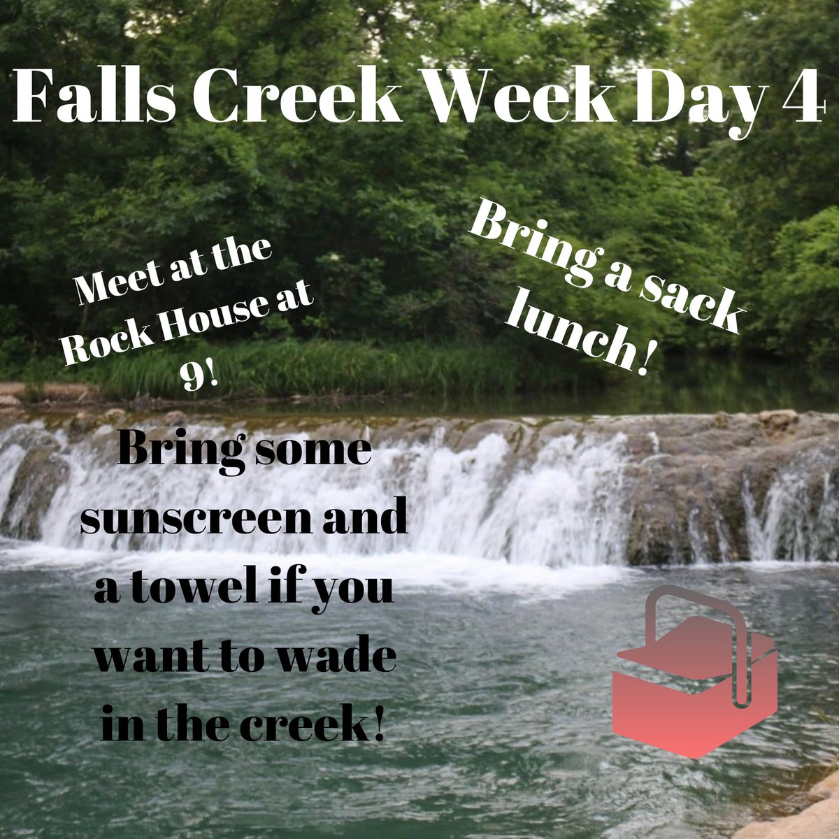 mwbcstumin's tweet photo. Tomorrow is Day 4 of Falls Creek week! Be sure to be at the rock house at 9! Bring your sack lunch! We should be back between 3 and 3:30! See you in the morning! https://t.co/5o9z7PfpBN