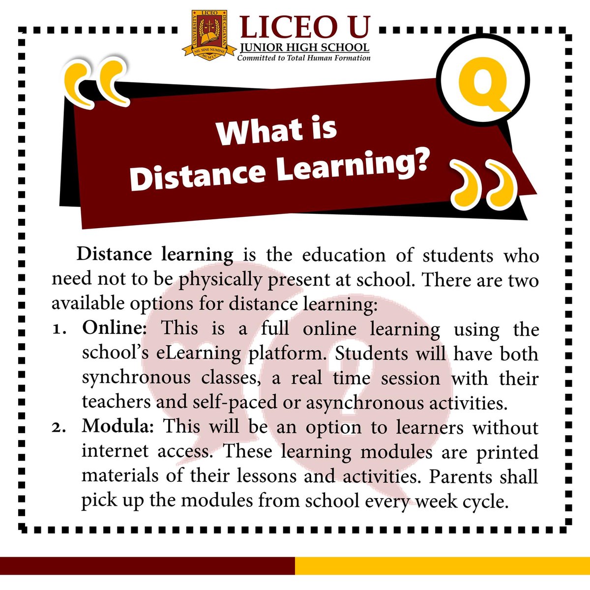 LiceoUJHS's tweet photo. Hello, Liceans and dear parents! Here are some Frequently Asked Questions (FAQs) in the conduct of the School Year 2020-2021. https://t.co/rJhcQbdCN5
