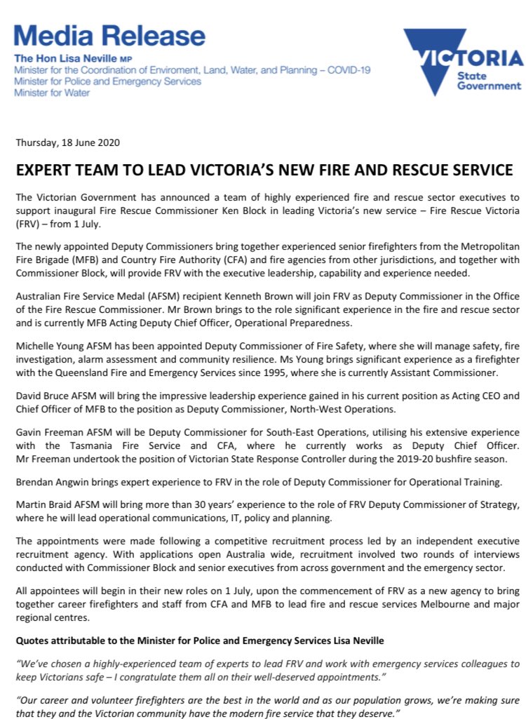Emergency Services Minister <a href="/LisanevilleMP/">Lisa Neville</a> has unveiled the new senior leaders under a Commissioner Ken Block for the new Fire Rescue Victoria (taking over <a href="/MFB_NEWS/">MFB</a> )
MFB acting deputy chief officer Kenneth Brown will be Deputy Commissioner. #springst @10NewsFirstMelb