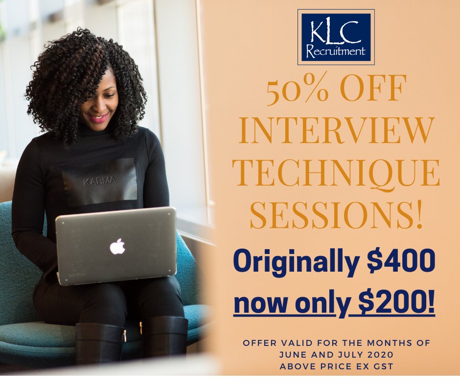 KLCrecruitment's tweet photo. SPECIAL OFFER for the months of June and July!
Get in quick to secure your spot with one of our highly skilled Consultants.
Call (03) 9857 6756 NOW!
#KLCRecruitment #SpecialOffer #InterviewTechniques https://t.co/80hqNLzdTj