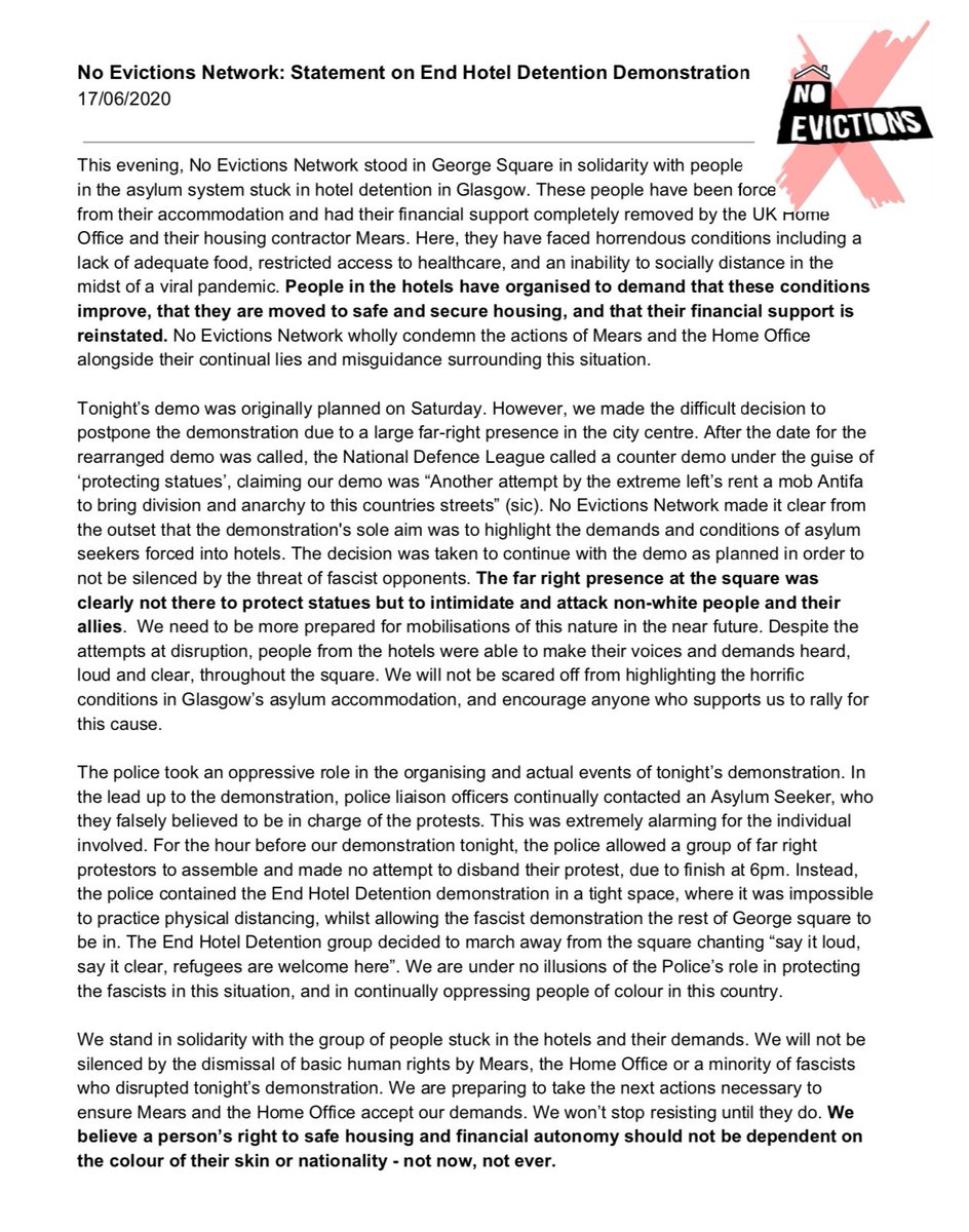 @no_evictions statement regarding the events at the demonstration tonight. ' We will not be silenced by the dismissal of basic human rights by @mearsgroup, the @ukhomeoffice or a minority of fascists who disrupted tonight’s demonstration. '