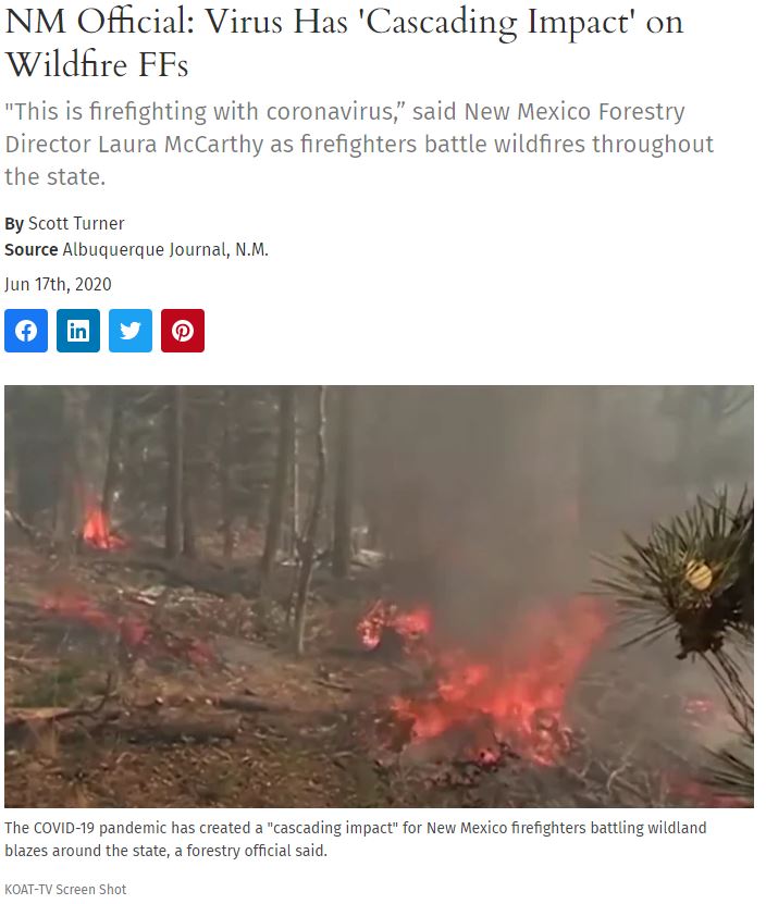 "The COVID-19 pandemic has had a “cascading impact” on the way firefighters are battling wildfires in  #NewMexico and elsewhere with a focus on “testing, tracing, waiting, wondering and taking resources off the board.”" https://www.firehouse.com/operations-training/wildland/news/21142662/nm-official-virus-creating-cascading-impact-on-wildfire-firefighters https://twitter.com/Weather_West/status/1273391096094003200?s=20