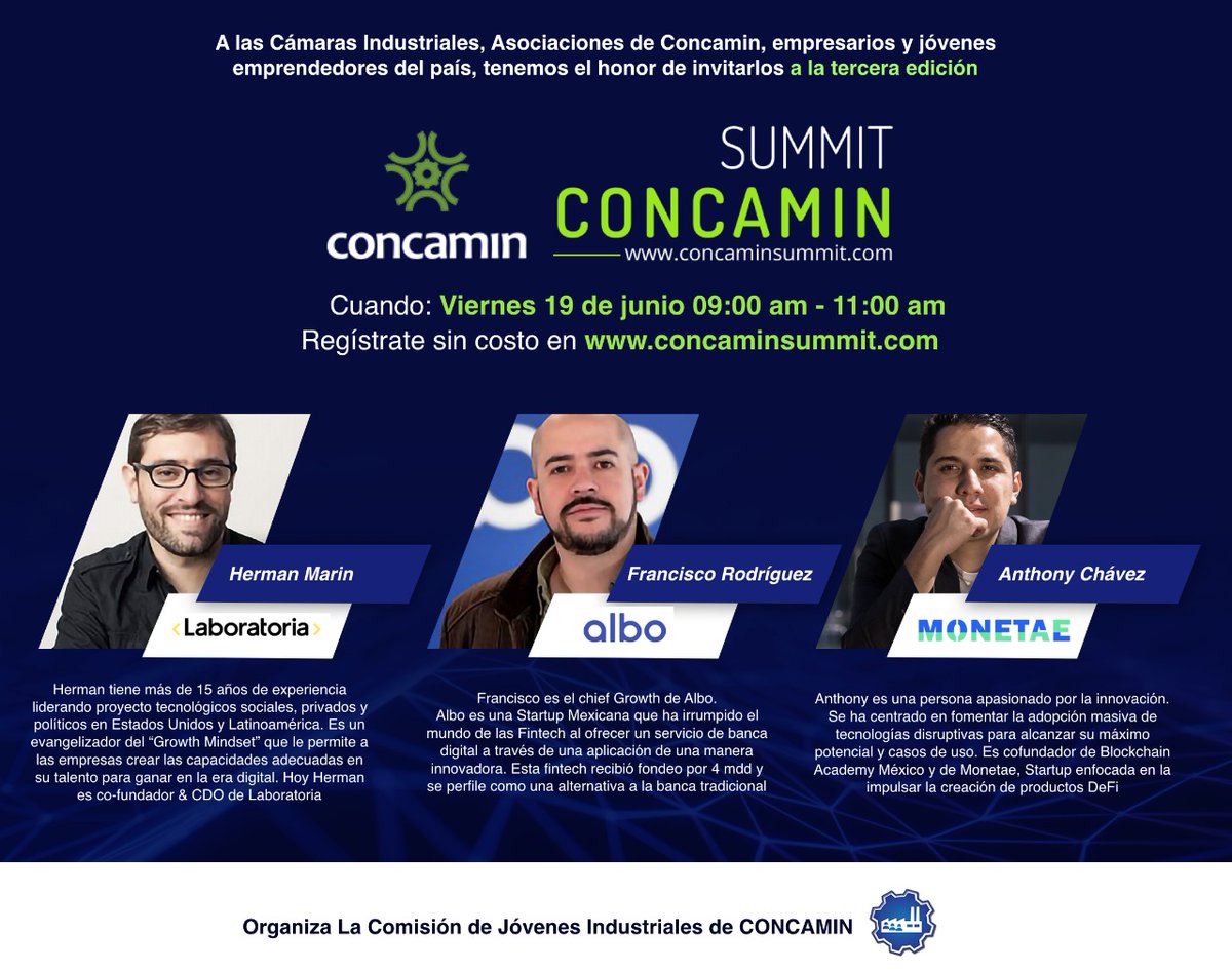 ⏱️ Viernes 19 de junio, 9:00 AM.

Tercera edición del #SummitCONCAMIN, organizado por <a href="/JovenesCONCAMIN/">Innovación y Futuro Industrial.</a>.

Hablarán sobre #Tecnología y la #TransformaciónDigital.

Regístrate aquí ⬇️ concaminsummit.com
O ve la transmisión vía YouTube #RevIndCONCAMIN ▶️
youtube.com/channel/UCTqTh…