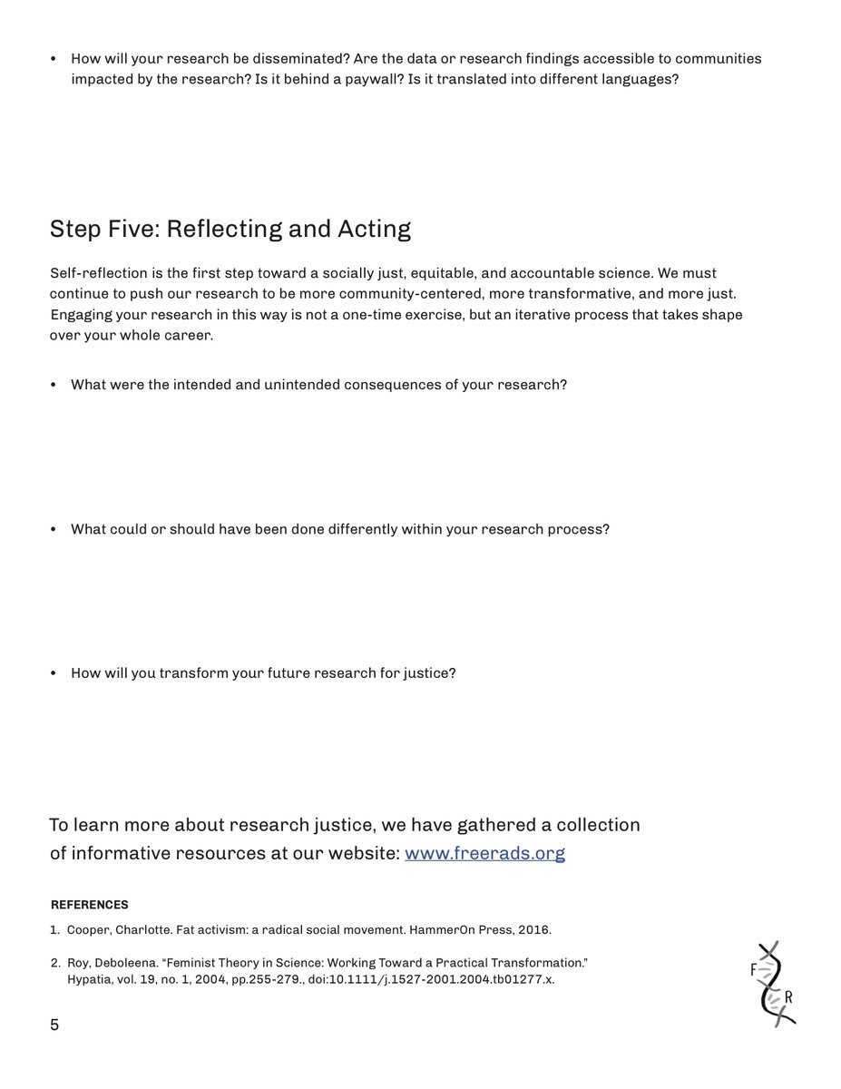  #ScienceTwitter: To help you build a research justice framework for your own scientific work, we're offering five steps for self-reflection. We've also made this into a worksheet for you to share with your network at  http://freerads.org/rj-worksheet !  #ScienceSolidarity  #ScienceIsPolitical