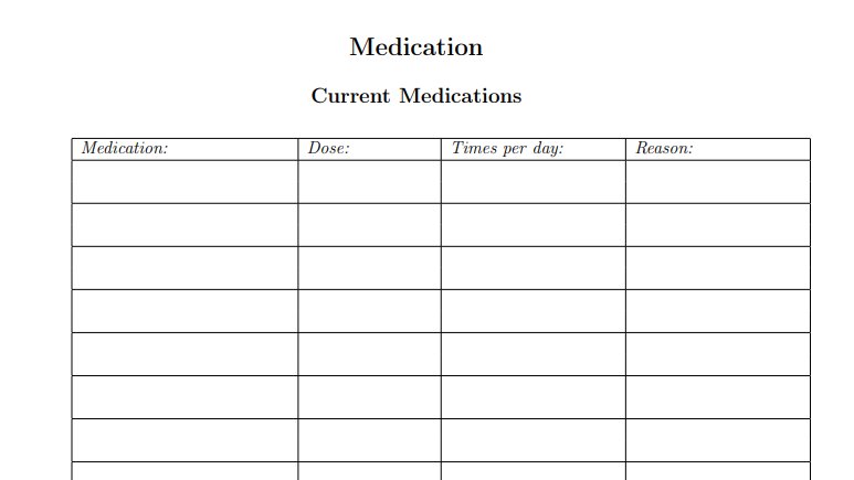 Medication: list all your current meds, including supplements/vitamins/etc. you can mark who prescribes what, but I find that easier as a separate page, if needed. this page is for handing to the poor nurse reviewing your record, again. "don't make me recite it, just...here:"