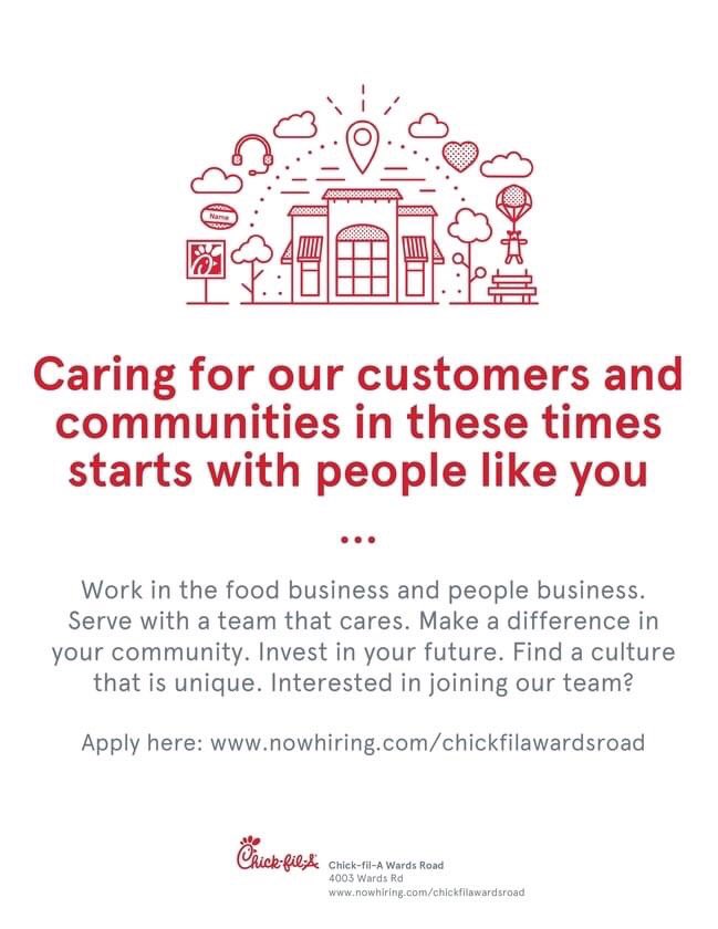 ChickfilaWards's tweet photo. Chick-fil-A is specifically looking to hire full time team members to work 30-40 hours a week. Apply here: 
https://t.co/ImuxSksbgV https://t.co/jyN44Zp5ti