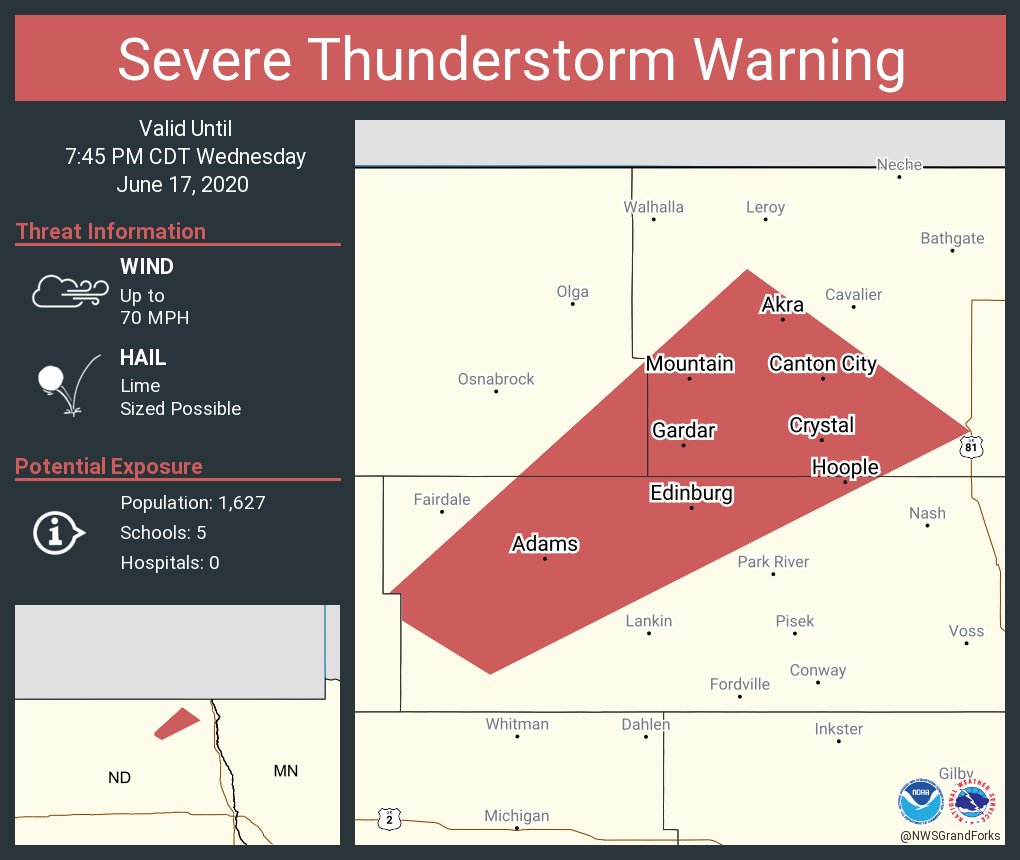 Severe Thunderstorm Warning including Hoople ND, Edinburg ND, Crystal