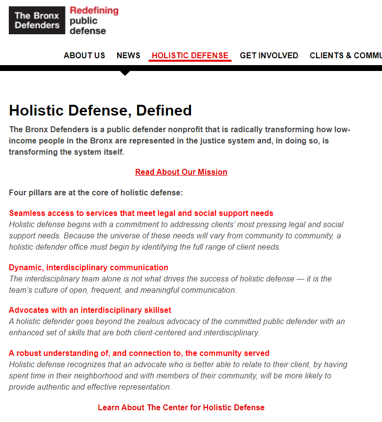 PROBLEM DEFENSE COUNSELLegal-centric representation of indigent clients neglects effect of collateral consequences.Holistic Defense including social work results in positive outcomes and cost savings. See https://www.bronxdefenders.org/holistic-defense/ and see  https://www.rand.org/pubs/research_briefs/RB10050.html