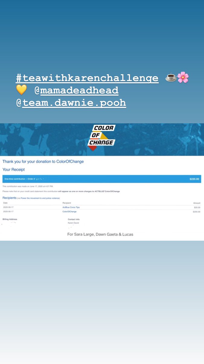 KarenDavid's tweet image. Thank you, @MamaDeadHead and @pretyclown for taking part in the #teawithkarenchallenge #bakingchallenge ☕️🌸 I’ve donated for you to @ColorOfChange 🙏🏾💛