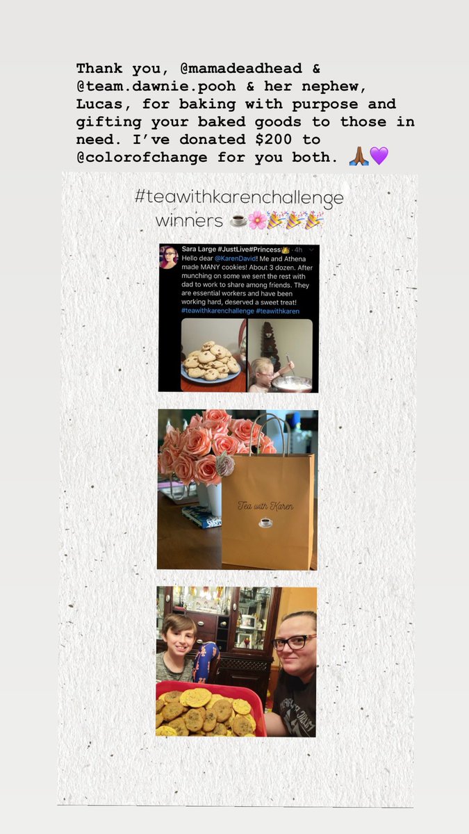 KarenDavid's tweet image. Thank you, @MamaDeadHead and @pretyclown for taking part in the #teawithkarenchallenge #bakingchallenge ☕️🌸 I’ve donated for you to @ColorOfChange 🙏🏾💛