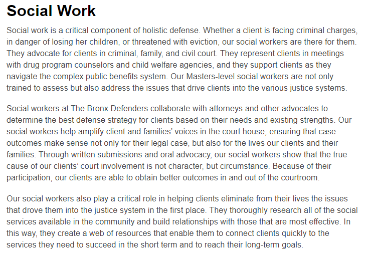 PROBLEM DEFENSE COUNSELLegal-centric representation of indigent clients neglects effect of collateral consequences.Holistic Defense including social work results in positive outcomes and cost savings. See https://www.bronxdefenders.org/holistic-defense/ and see  https://www.rand.org/pubs/research_briefs/RB10050.html