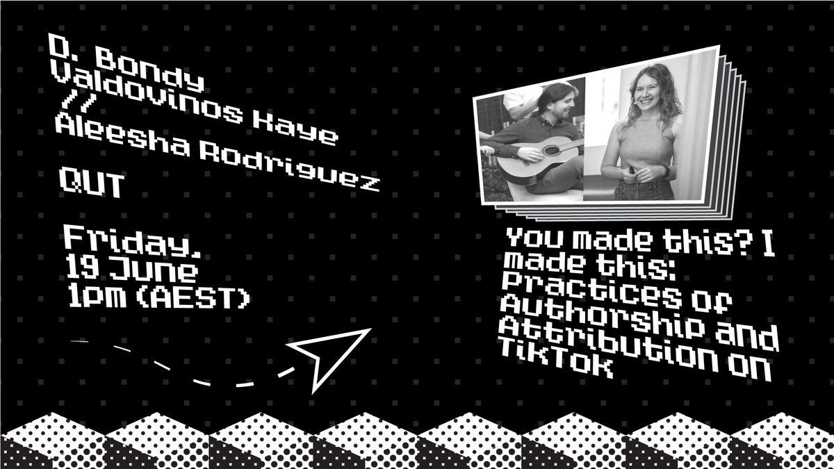 r4dyc's tweet photo. J. Bondy Valdovinos Kaye and Aleesha Rodriguez, both from QUT, will be speaking about their research on authorship and attribution on TikTok *tomorrow* at 1pm AEST.
Sign up for this and future events here:
https://t.co/LTr3357vgg https://t.co/UJo3Da2Gj2