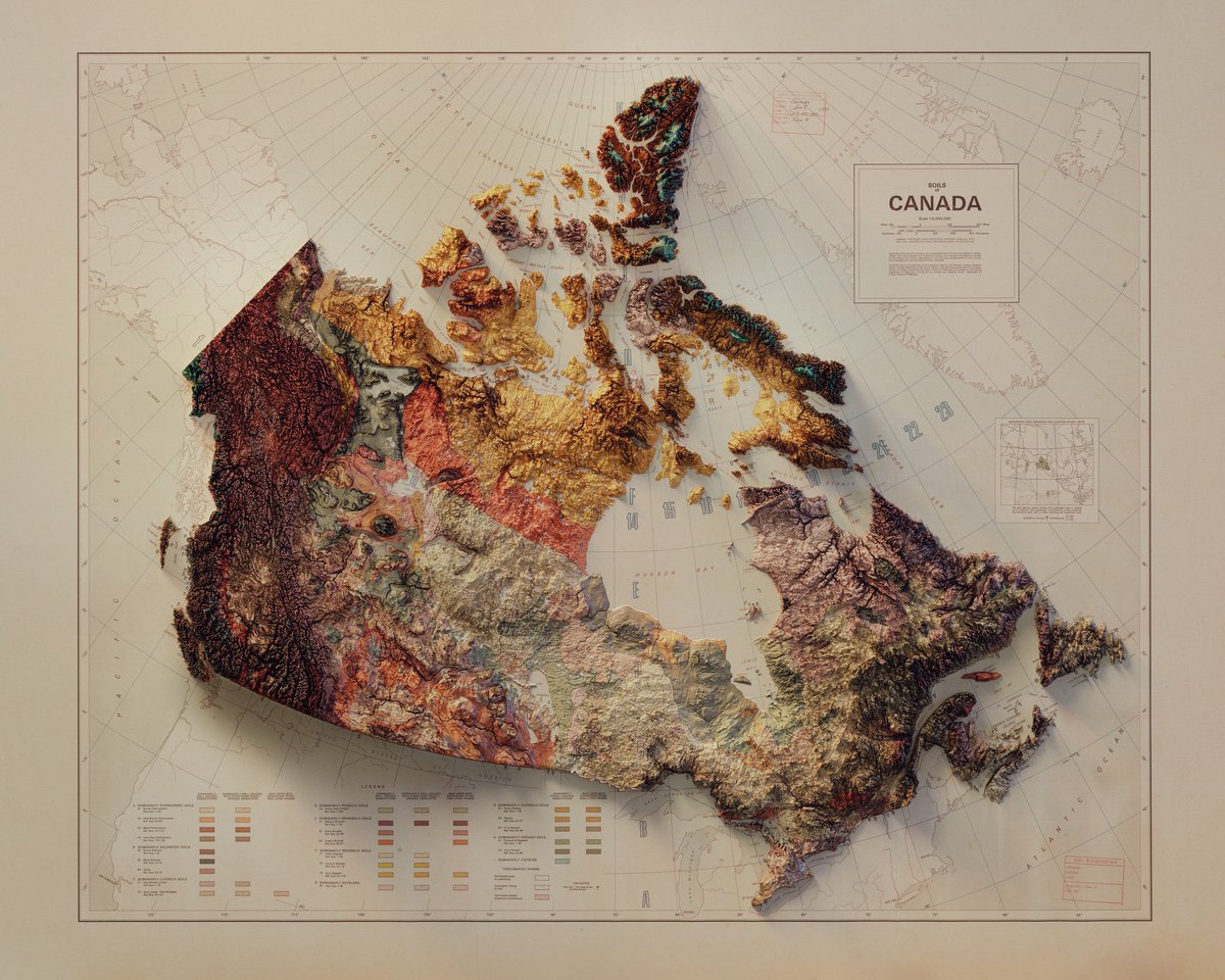 longitude110's tweet photo. Canada - soil map - (Cartography Section, Soil Research Institute, Research Branch, Canada, Department of Agriculture, Ottawa - 1972) - #3dmap #blender3d #topography #maps #mapping https://t.co/jQWFuqIHXT