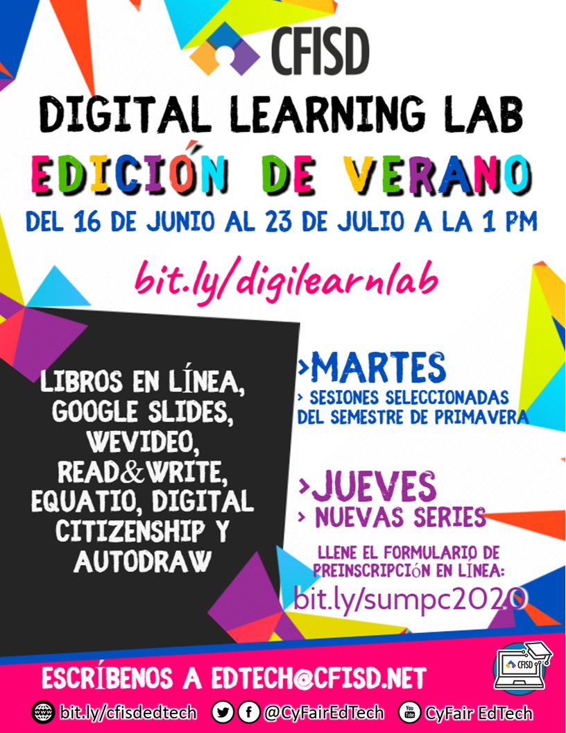 The @CyFairISD #DigitalLearningLab is continuing this summer. Check out these amazing learning opportunities for our Heroes! #BeAHooverHero #CFISDSpirit #CFISDDLL