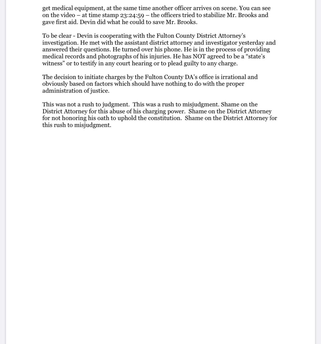 NEW: Officer Brosnan’s attorneys say while he is cooperating in the investigation, he has NOT agreed to be a state’s witness or testify in  #RayshardBrooks case.That’s in direct contradiction to what DA said today. Full statement: