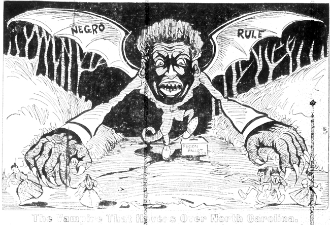 5/ Smaller white supremacy events across the state precipitated this one, and newspapers also contributed to the anti-black rhetoric intensifying in the months leading up to the election (this cartoon ran in the N&O in Sept, 1898).