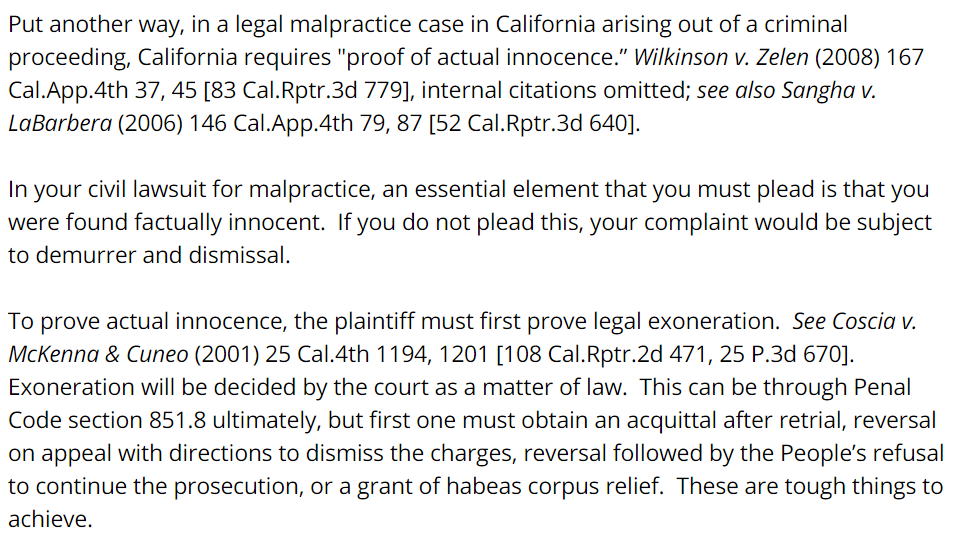 PROBLEM DEFENSE COUNSEL Standard to sue for legal malpractice, actual innocence, shields the defense attorney from claims of Constitutional violations. This works like the immunity of police and prosecutors as few can prove exoneration. Scrap the standard.