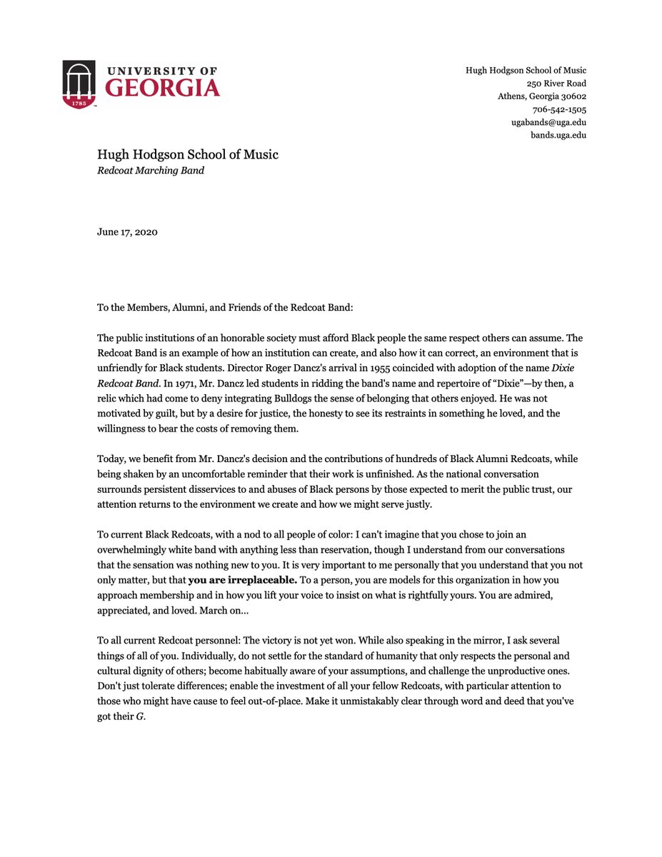 UGARedcoatBand's tweet photo. Please see a message to the Redcoat Band community from acting director Brett Bawcum. https://t.co/RqGBwrOsOy