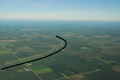 On this date in 2010: After missing Ellendale, the EF3 tornado continued its curving path & ended moving almost straight to the west. The black line parallels its path. We are looking NW. This type of path can happen when the parent storm is occluding. Photo NOAA Corps.  #mnwx