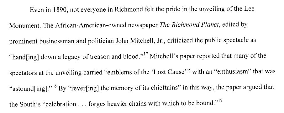 Even when the Lee statue was raised, there were those—including African-American newspaper editor John Mitchell—who saw the statue for exactly what it was, understood the message it was meant to convey, and knew its implications (3/6)
