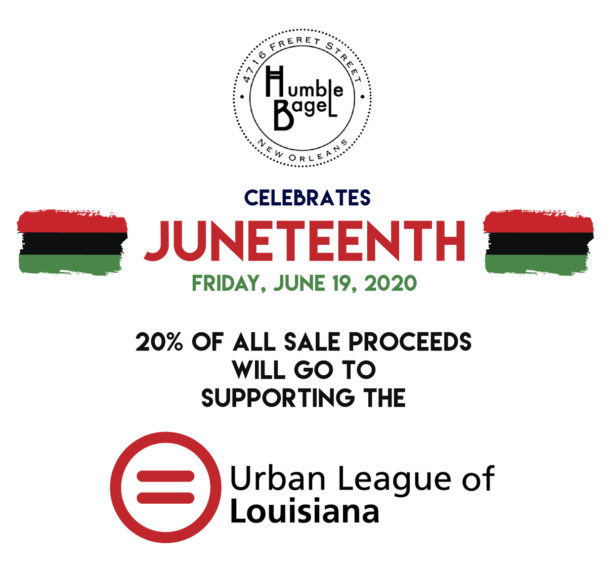 In celebration of Juneteenth tomorrow, <a href="/HumbleBagel/">Humble Bagel</a> is donating 20% of the day's proceeds to us!

Make sure to stop by them from 7am-12pm tomorrow and help support ULLA!