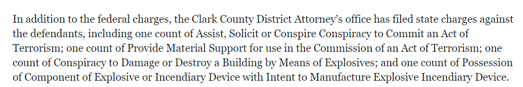 Looks like their goal was to cause destruction to government property and a public utility. The local Clark County DA also nailed them with various terrorism charges. 