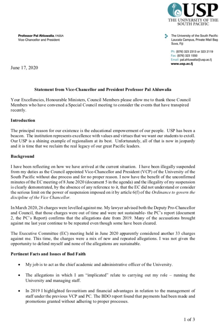 MichaelFieldNZ's tweet photo. Statement from deposed University of South Pacific vice chancellor Pal Ahluwalia - the tension continues as Fiji tries to assert control over regional institution https://t.co/51bNeMOueV