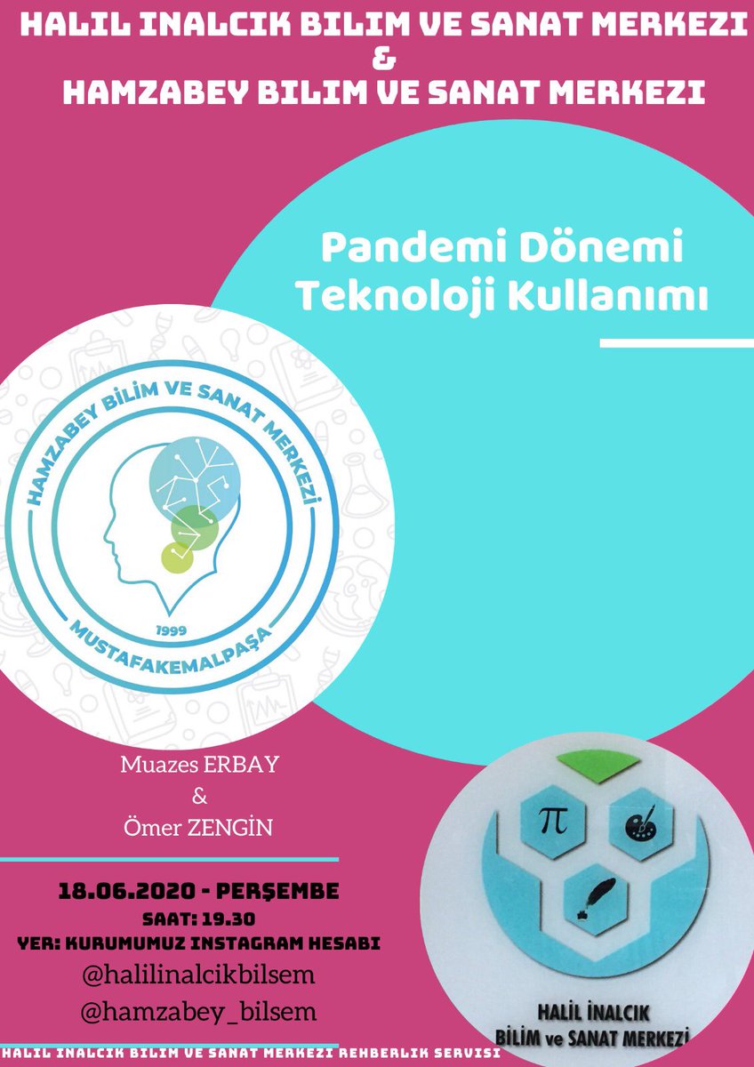 "Pandemi Dönemi Teknoloji Kullanımı" Merkezimiz  Rehberlik Öğretmeni Muazes Erbay ve Halil İnalcik Bilim ve Sanat Merkezi Rehberlik Öğretmeni Ömer Zengin in katılımıyla gerçekleşecek canlı yayın seminerine tüm velilerimiz davetlidir.