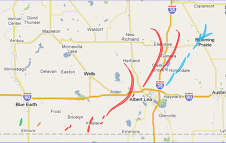 On this date in 2010: There were 18 tornadoes west and north of Albert Lea, including one rated EF4 and three EF3. The EF4 was the longest tornado and was on the ground for 20 miles when accounting for the curved path. The colors indicate the parent supercell.  #mnwx