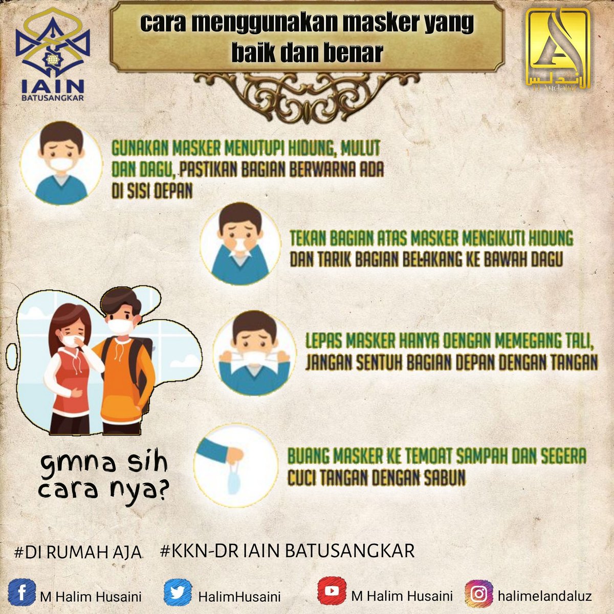HalimHusaini's tweet photo. Assalamu'alaikum teman2 ...
Selalu tetap jaga kesehatan ya dan tetap memakain masker dan jaga jaraknya di kala pandemi covid-19...tapi kebanyakan blm tau nih g mna sih cara memakai masker yang baik dan benar menurut kesehatan...
.
.
Yuk mari lihat caranya https://t.co/1zBNdcQFDl
