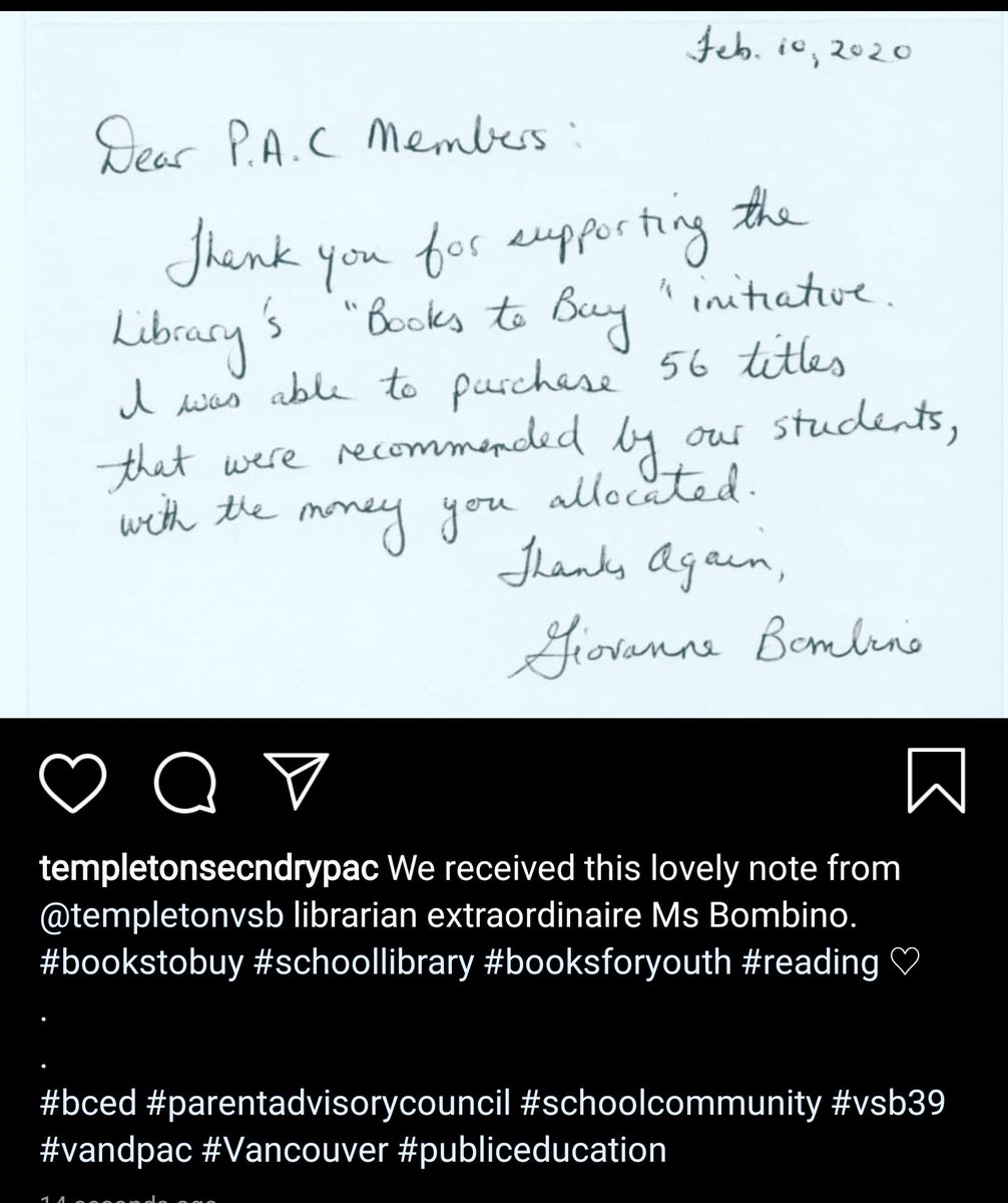 Thank you <a href="/TempletonVSB39/">Templeton Secondary</a> librarian extraordinaire, Ms. Bombino for your kind note of thanks! We're happy to be able to help provide books for students at TSS!📚 #schoolcommunity #bced <a href="/VanDPAC/">Vancouver DPAC</a> #Reading #schoollibrary #Vancouver #Workingtogether #publiceducation #kidsbooks #vsb39