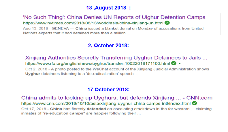 On August, 2018 China even denied existence of the camps &mass internement in UN.On September, 2018 media revealed China secretly transferring Uyghurs from camps to prisons.On October, 2018 Unsurprisingly,China admitted existence of the camps,yet said they are "Tech schools".