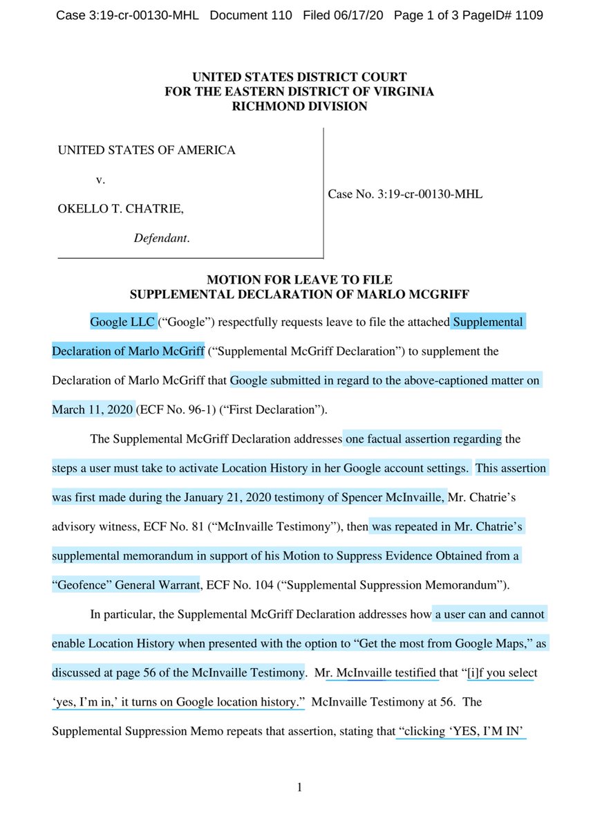 MOTION for Leave to File Supplemental Declaration of Marlo McGriff by Google, LLC as to Okello T. Chatrie. (Attachments: # 1 Supplemental Declaration of Marlo McGriff - see next tweet)Clean up on Declaration Aisle 666 https://ecf.vaed.uscourts.gov/doc1/189010526343?caseid=453993