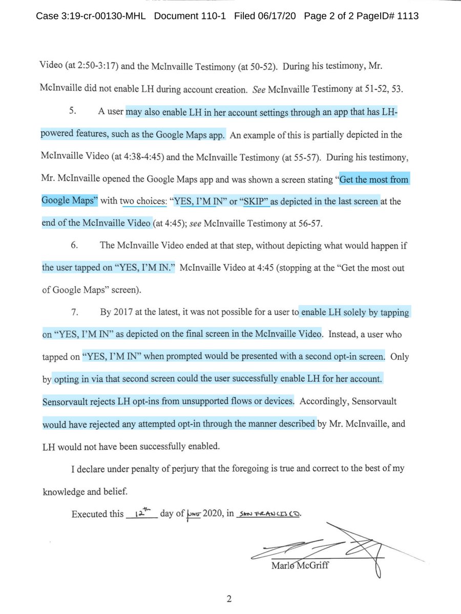 SUPPLEMENTAL of Marlo McGriffNotice the date? 6/12/20“Until recently, a user could enable LH in her account settings during account creation..can occur during device setup...201 7 not possible for a user to enable LH solely by tapping on "YES, I'M IN" https://ecf.vaed.uscourts.gov/doc1/189110526344